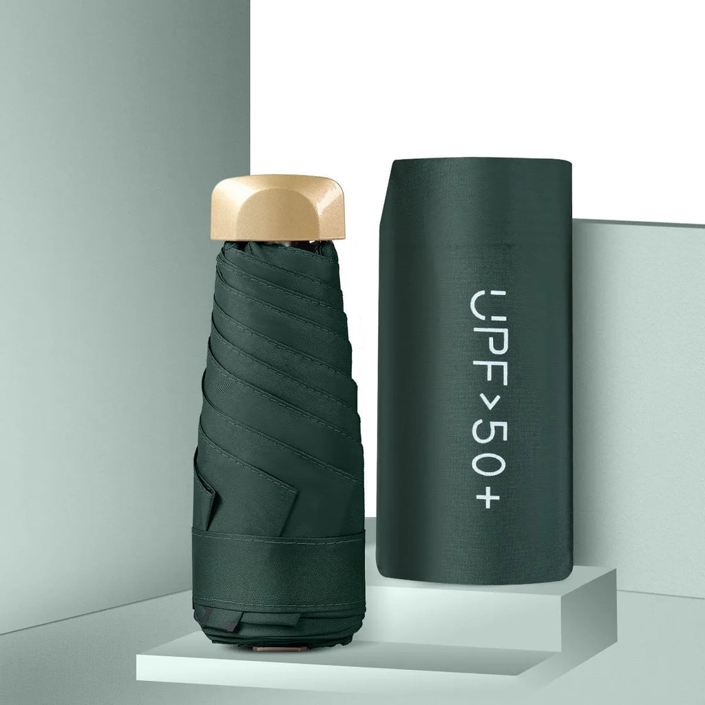 Closed five-fold mini pocket sun umbrella showing compact size and rubber handle