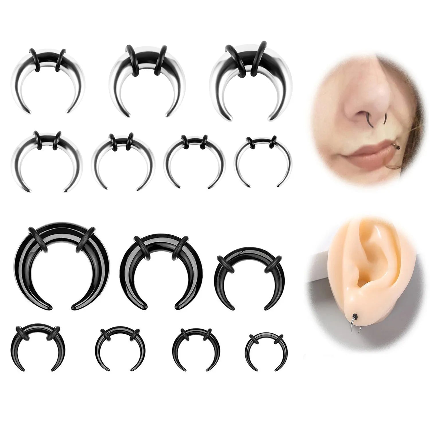 C-shaped nose ring in 316 stainless steel with a buffalo horn detail, shown in black and steel colour finishes.