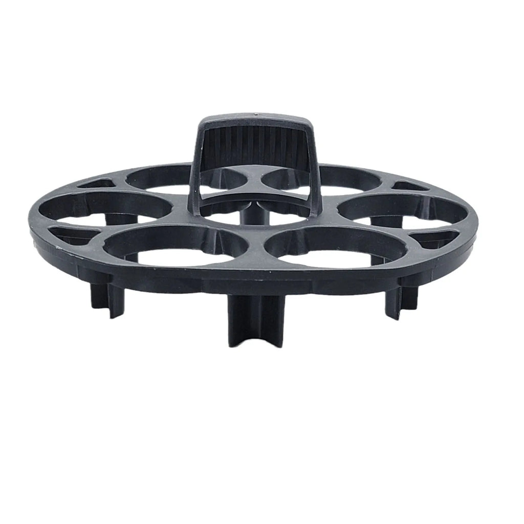 Black plastic egg holder basket with retainer, dimensions 13.8 by 12.6 cm.