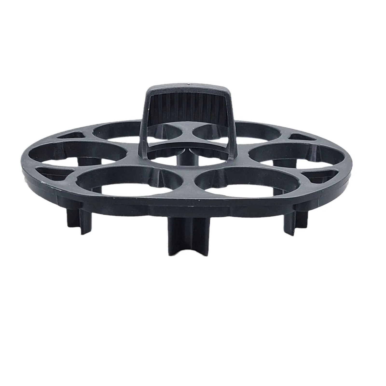 Black plastic egg holder basket with retainer, dimensions 13.8 by 12.6 cm.