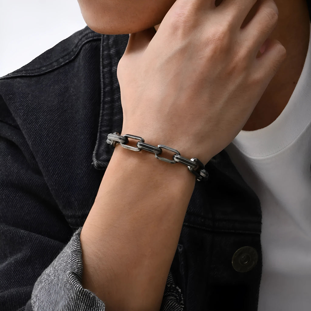 Square chain men's bracelet in titanium steel with electroplated finish showing geometric link design