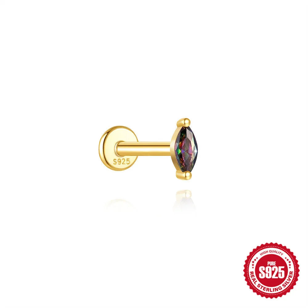S925 sterling silver flat head thread piercing earring with a rainbow stone in a geometric shape.