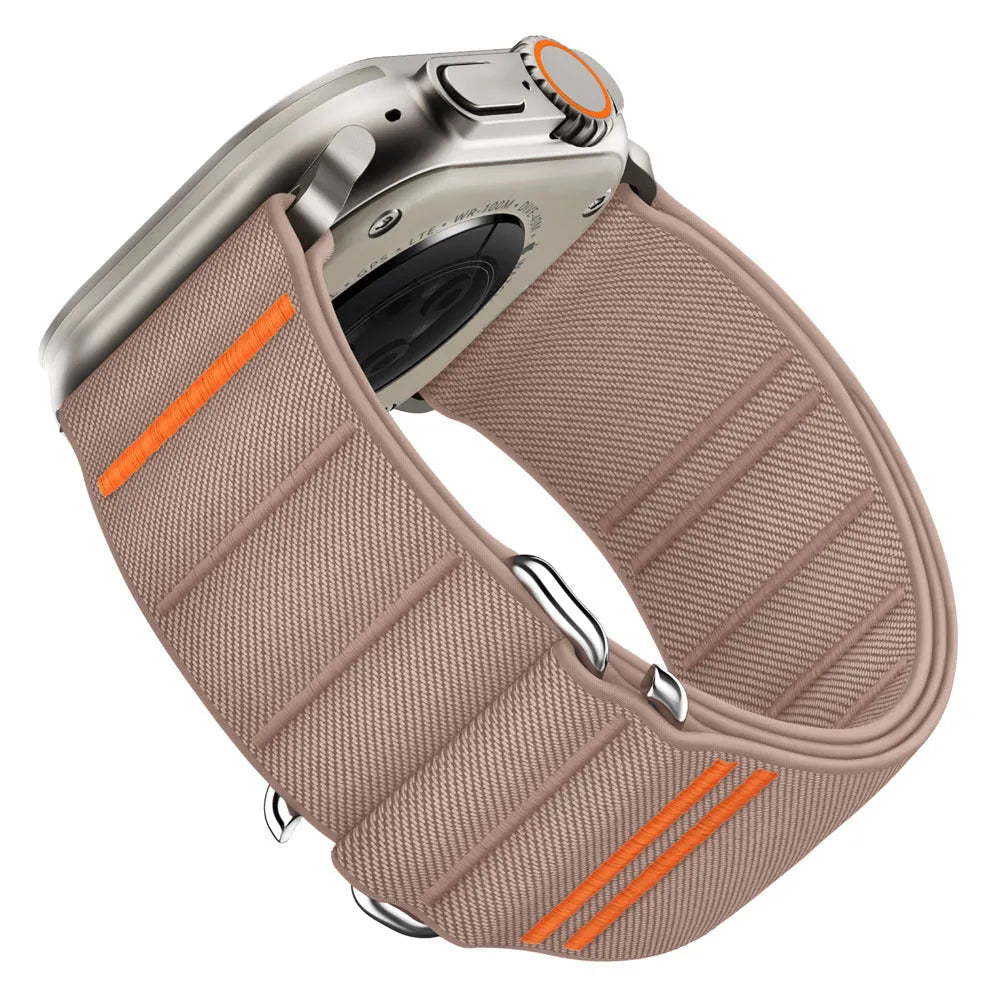 Elastic nylon Apple Watch replacement band with stainless steel buckle shown in multiple colour options.