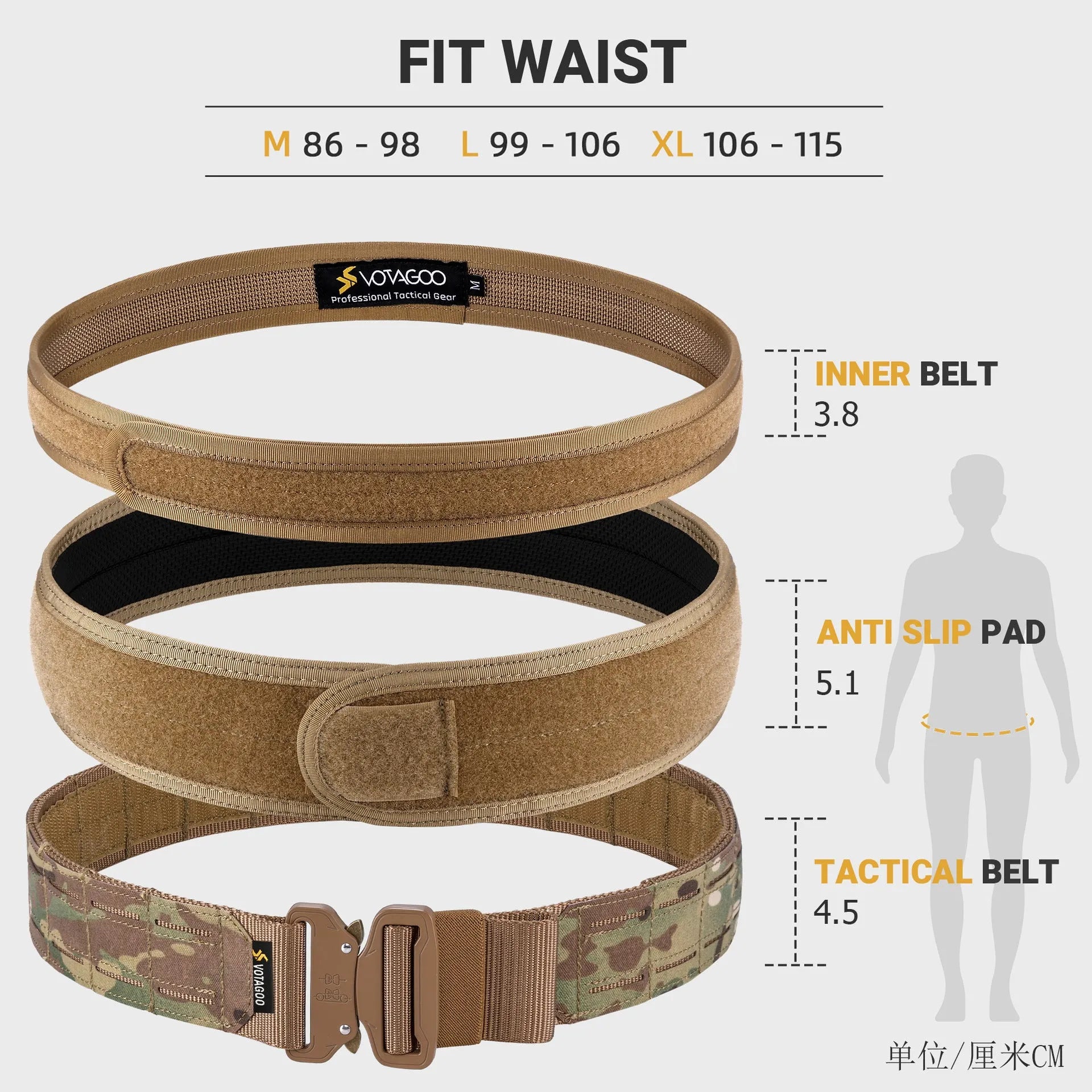 VOTAGOO tactical belt with quick-release alloy buckle in CP camouflage, black or grey-brown