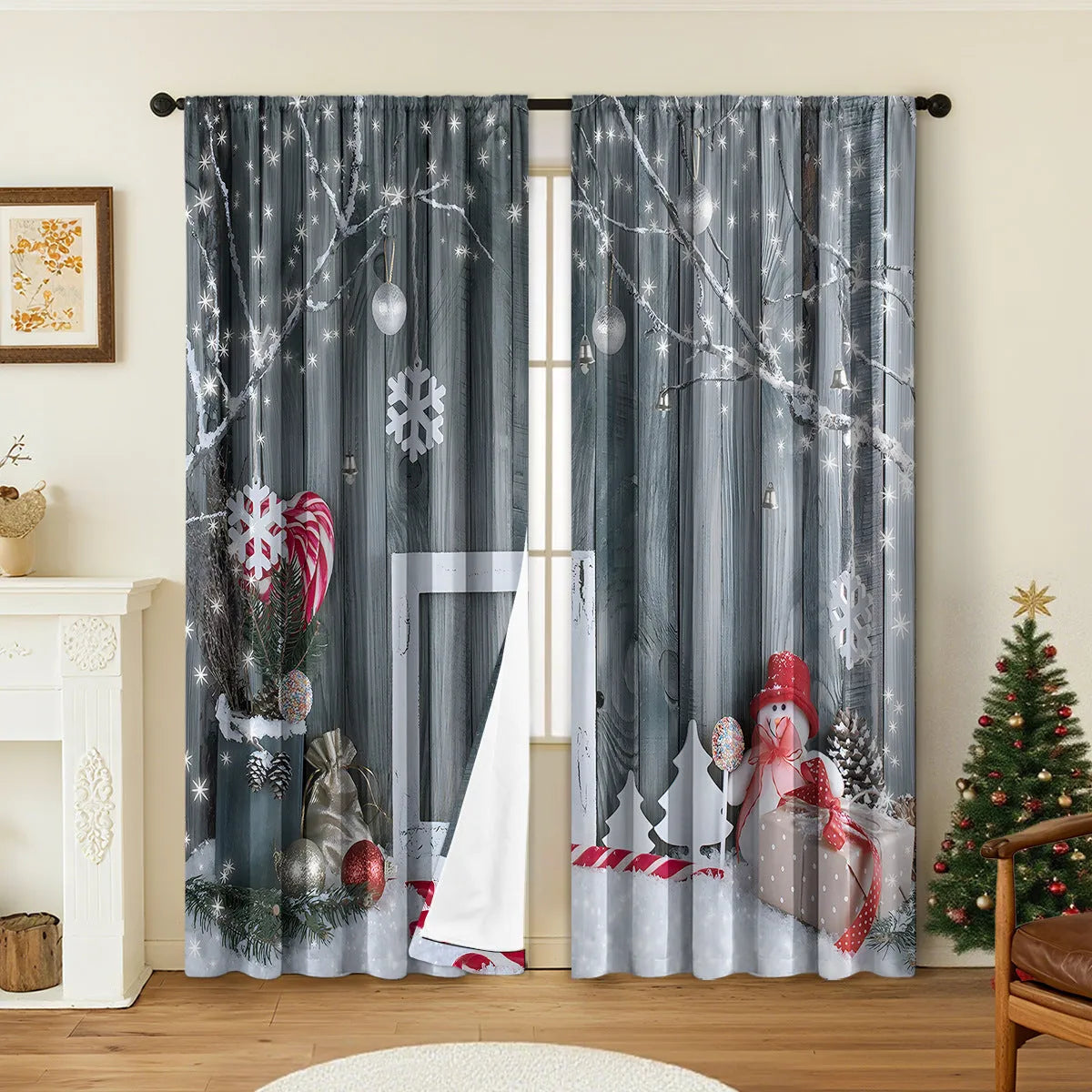 A pair of 3D digitally printed Christmas-themed curtains made from polyester fabric.