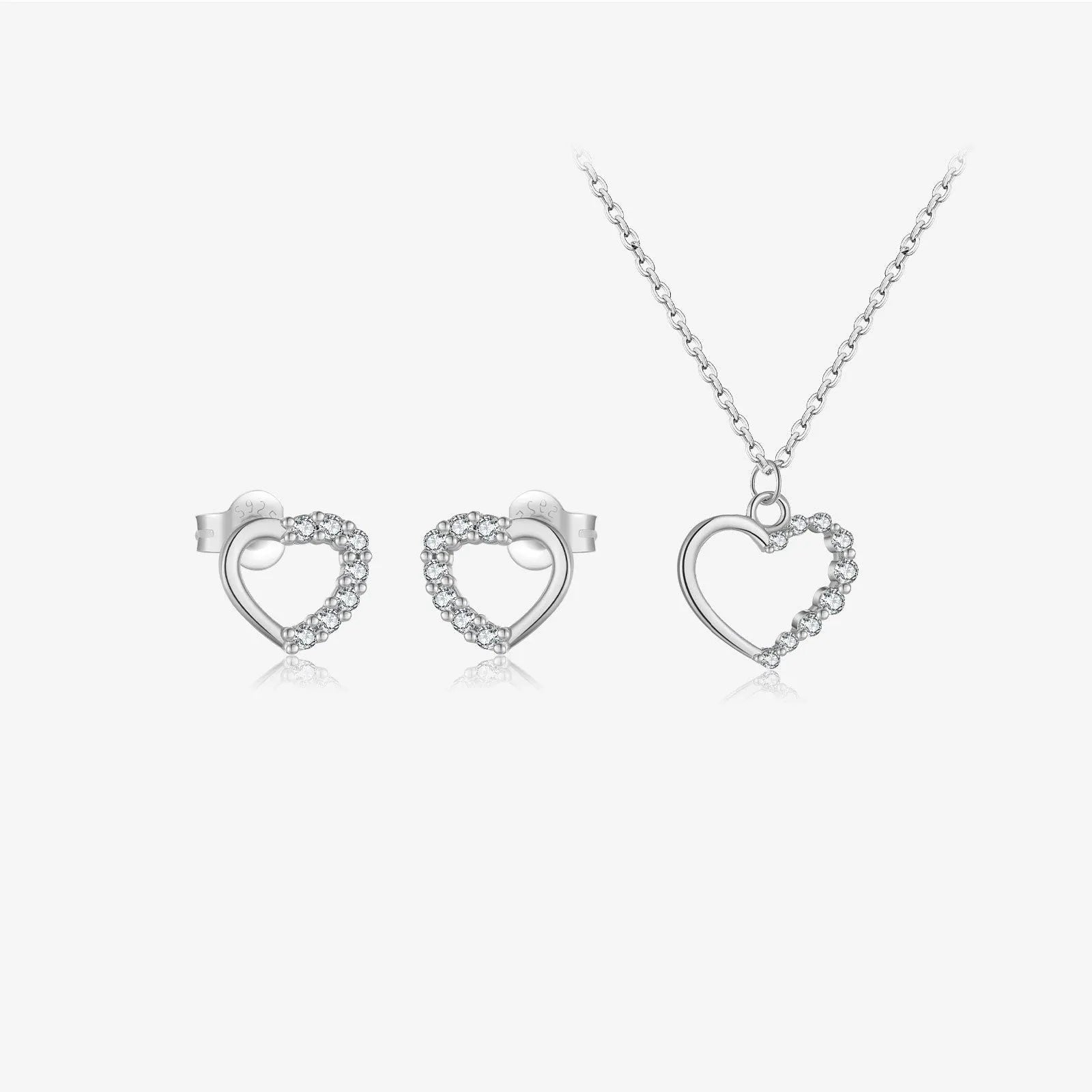 S925 sterling silver hollow heart necklace on a model, showing white gold and 18K gold plated finish options.