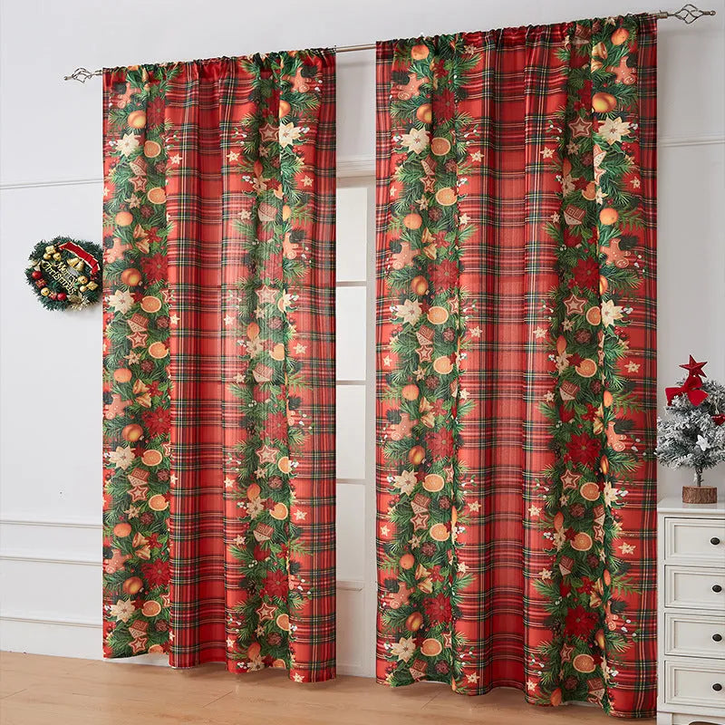 American-style rectangular Christmas printed polyester curtain showing red plaid design with semi-sunshade function