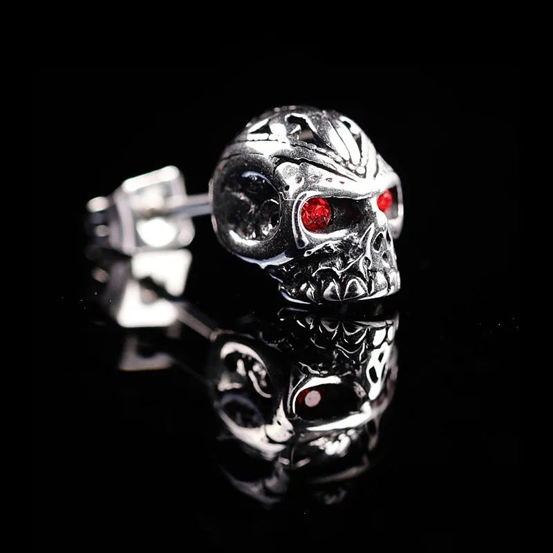 Retro red eye ghost head skull stud earrings with alloy construction and artificial gemstone inlay