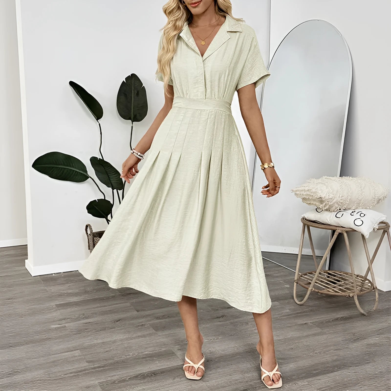 Light green women's shirt dress with a lapel collar, waist tie belt, and a chest pocket.