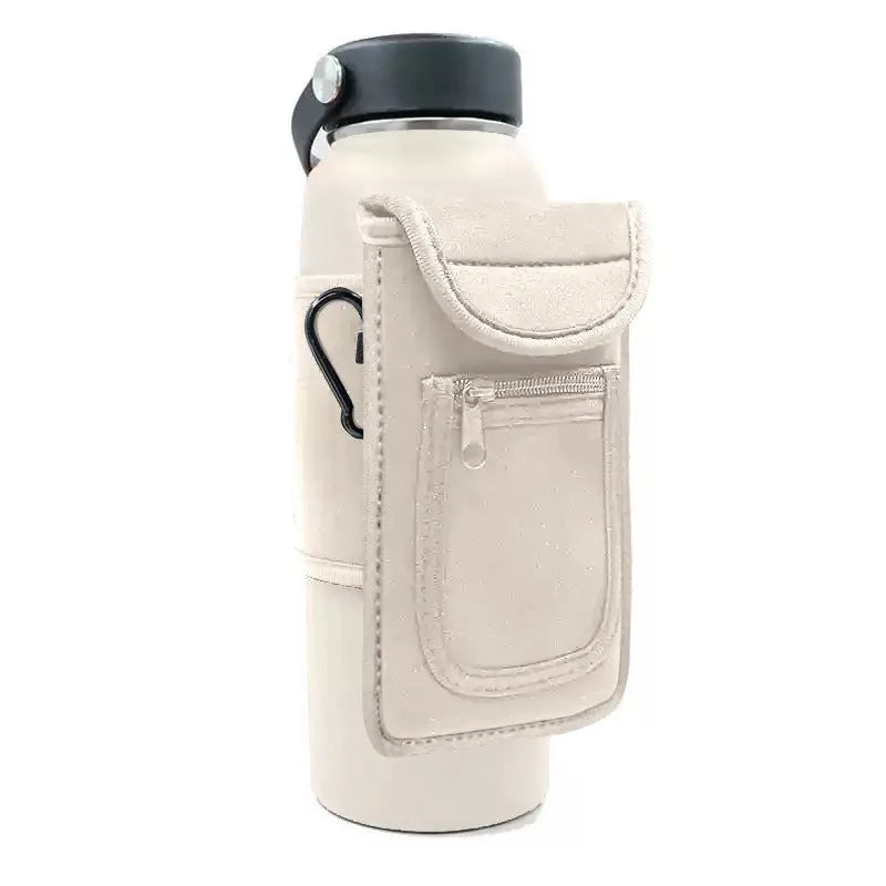 Fitness magnetic cup sleeve covering large sports water bottle with carabiner clip attachment