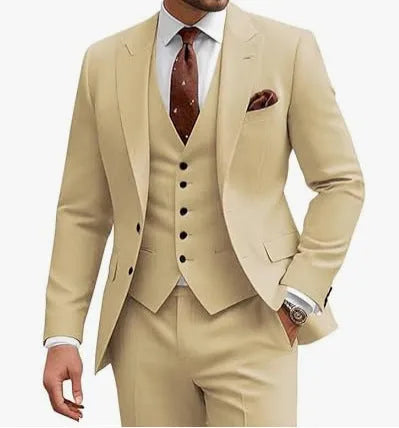 Men's slim fit three-piece suit in chemical fibre blend fabric available in multiple colours with Asian sizing