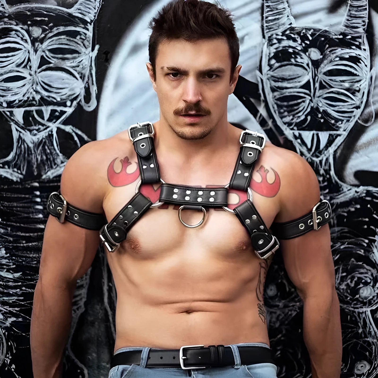Black leather chest muscle bondage strap with metal buckle and adjustable shoulder design