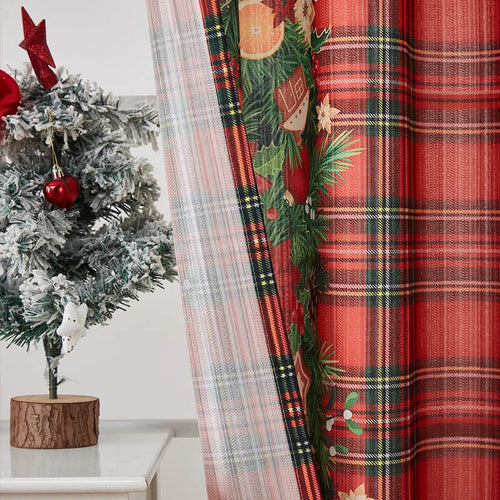 American-style rectangular Christmas printed polyester curtain showing red plaid design with semi-sunshade function