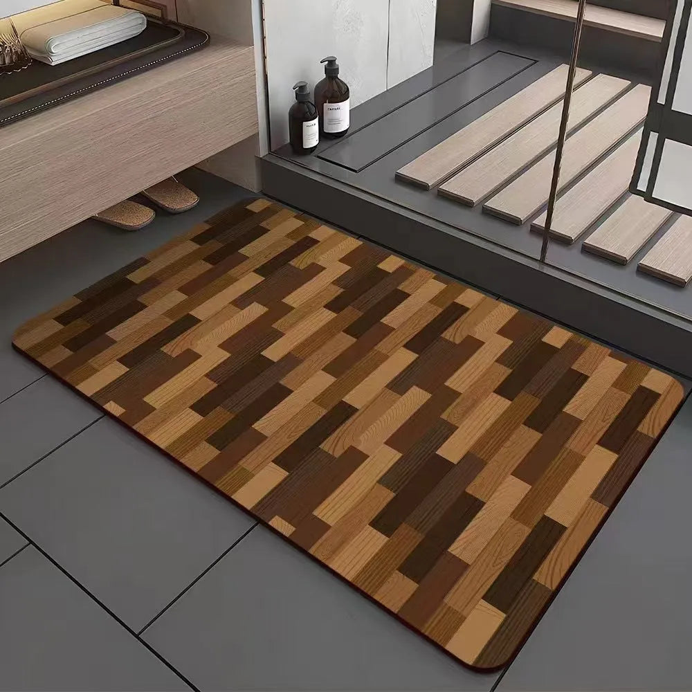 Square diatom mud bathroom floor mat with a brown wood grain geometric pattern on a tiled floor.