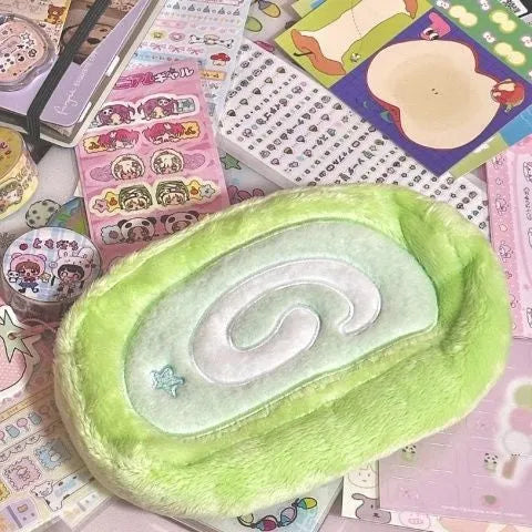 Honeydew Roll plush velvet pencil case with Swiss roll cake design for stationery storage