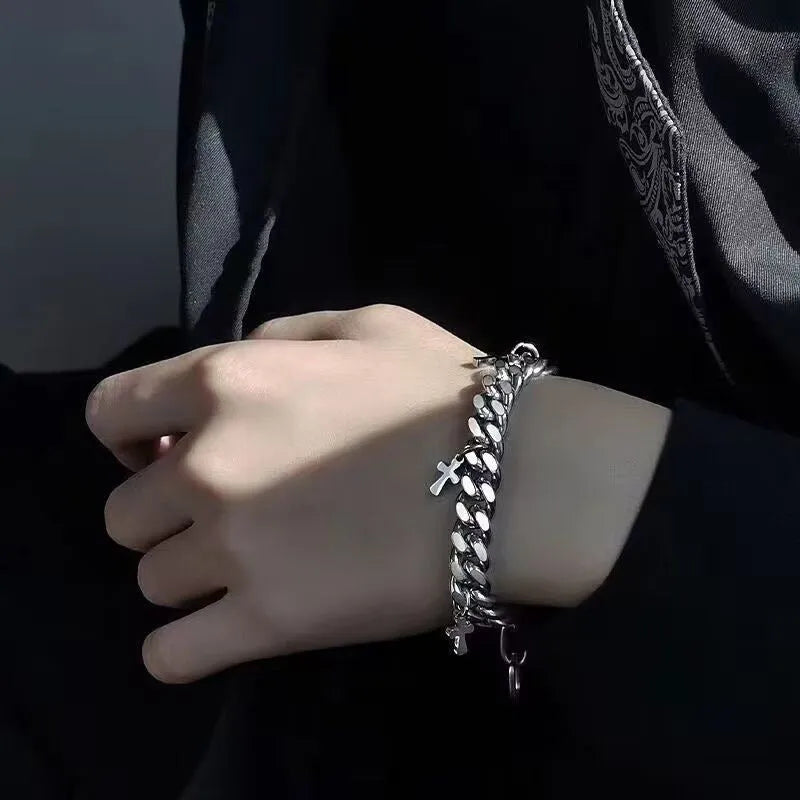 Men's titanium steel geometric cross bracelet in cold wind style