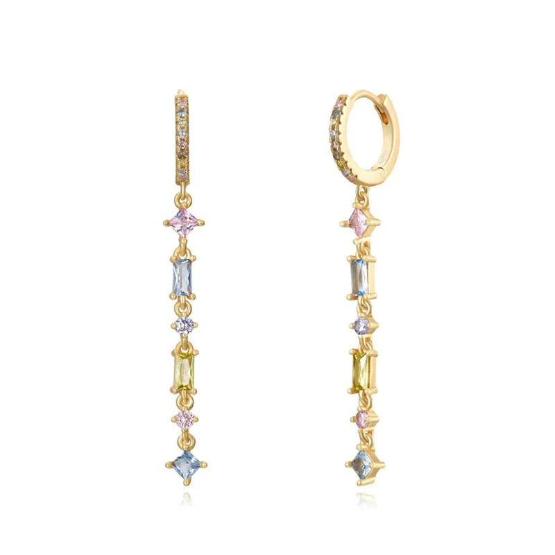 Sterling silver needle geometric U-shaped ear clip with micro-inlaid colourful zircon stones and tassel design.