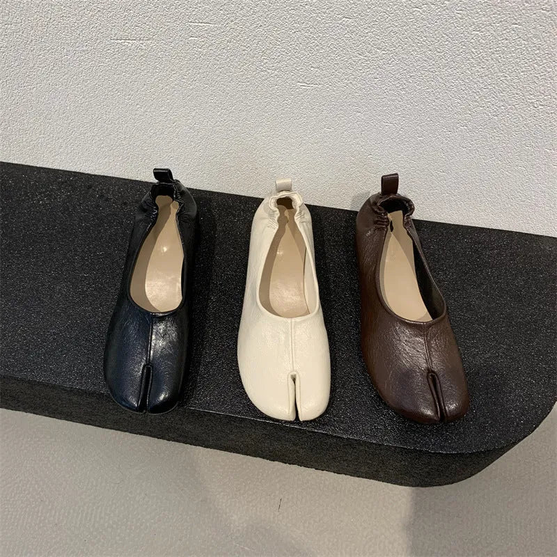 Women's split toe horseshoe design low chunky heel pumps in black, apricot, and brown colours