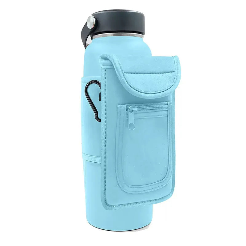 Fitness magnetic cup sleeve covering large sports water bottle with carabiner clip attachment