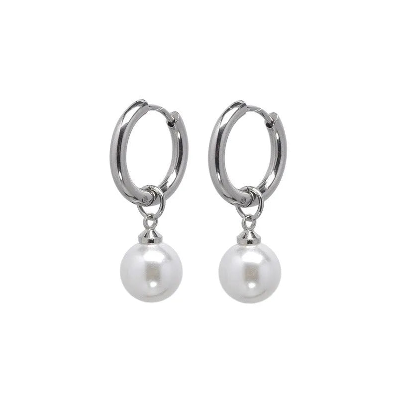 Geometric round pearl earrings with titanium steel alloy construction for women