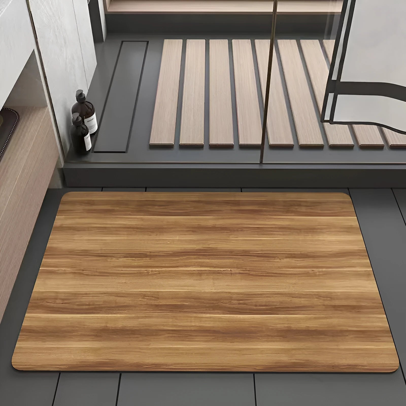 Square diatom mud bathroom floor mat with a brown wood grain geometric pattern on a tiled floor.