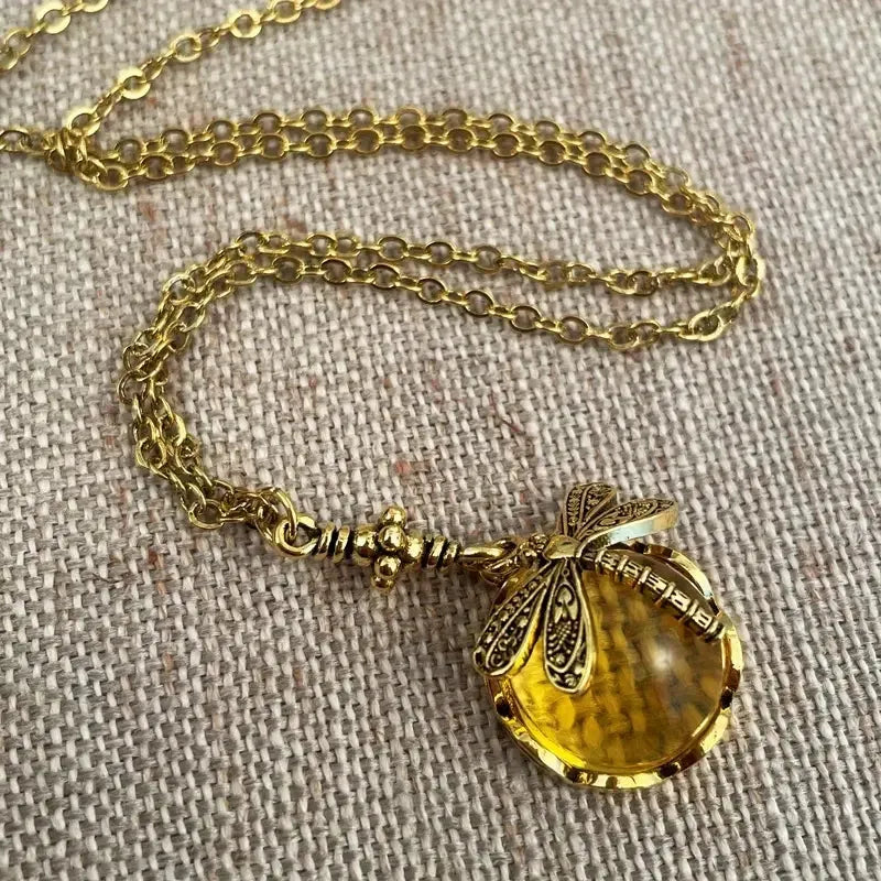 Vintage bronze hand carved dragonfly pendant necklace with 925 silver chain and yellow accents