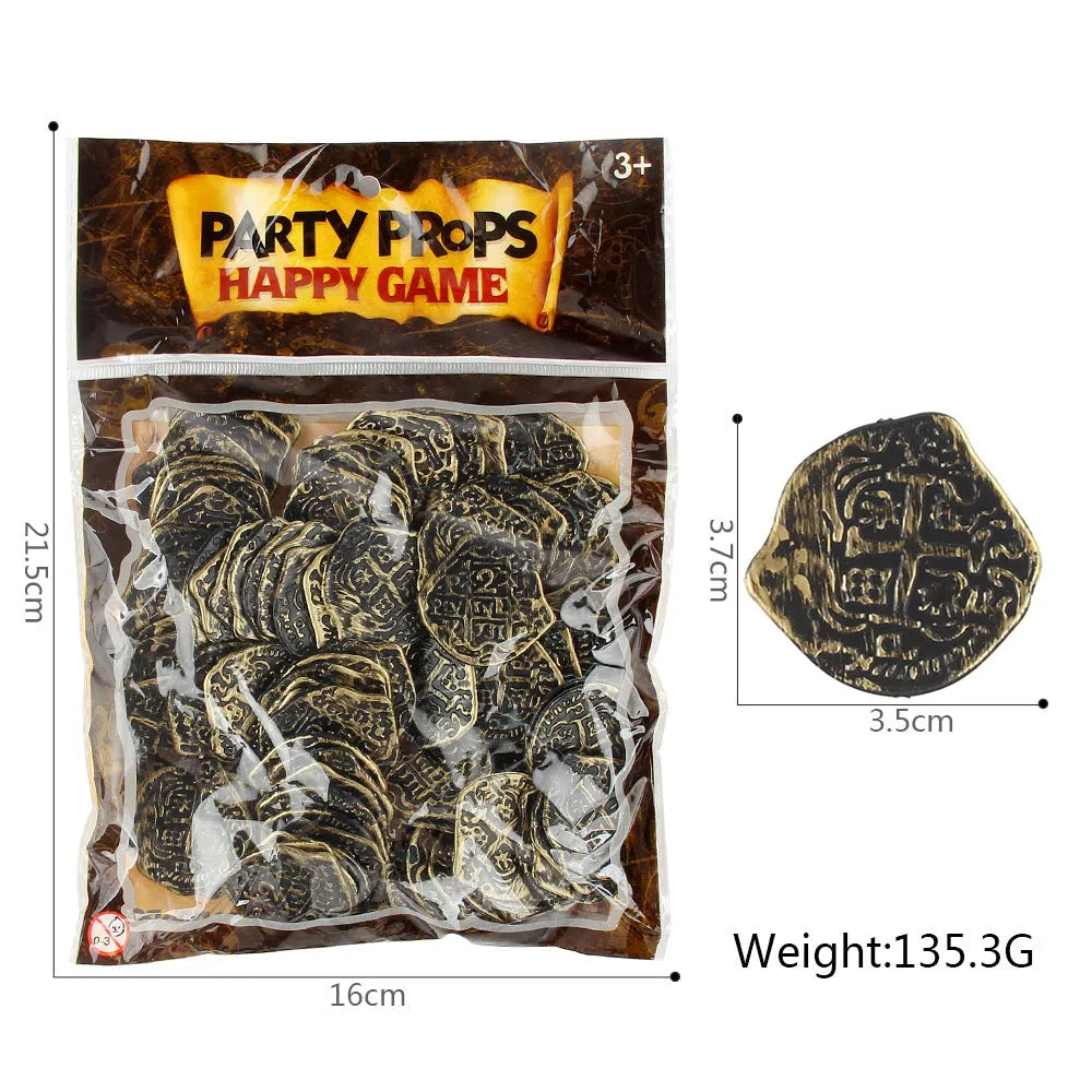 Pile of 100 bronze plastic Roman replica coins with electroplated finish for pirate props