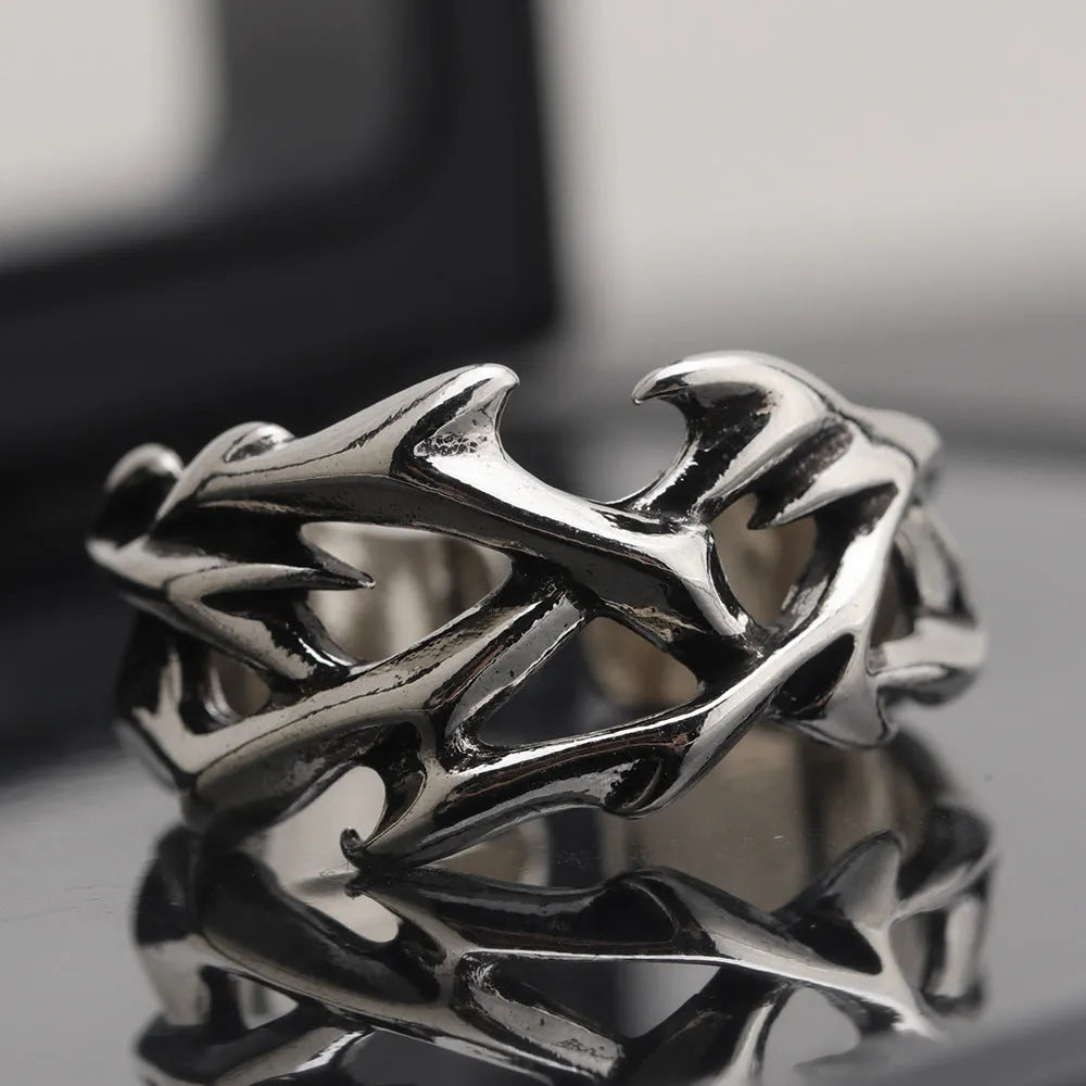 Copper thorn flower ring with geometric design and adjustable opening for unisex wear