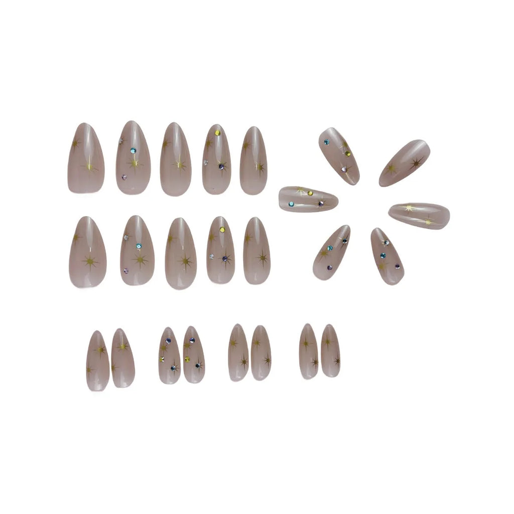 Women's press-on fingernails set 24 pieces starry sky pattern drop shape BW92 with jelly glue