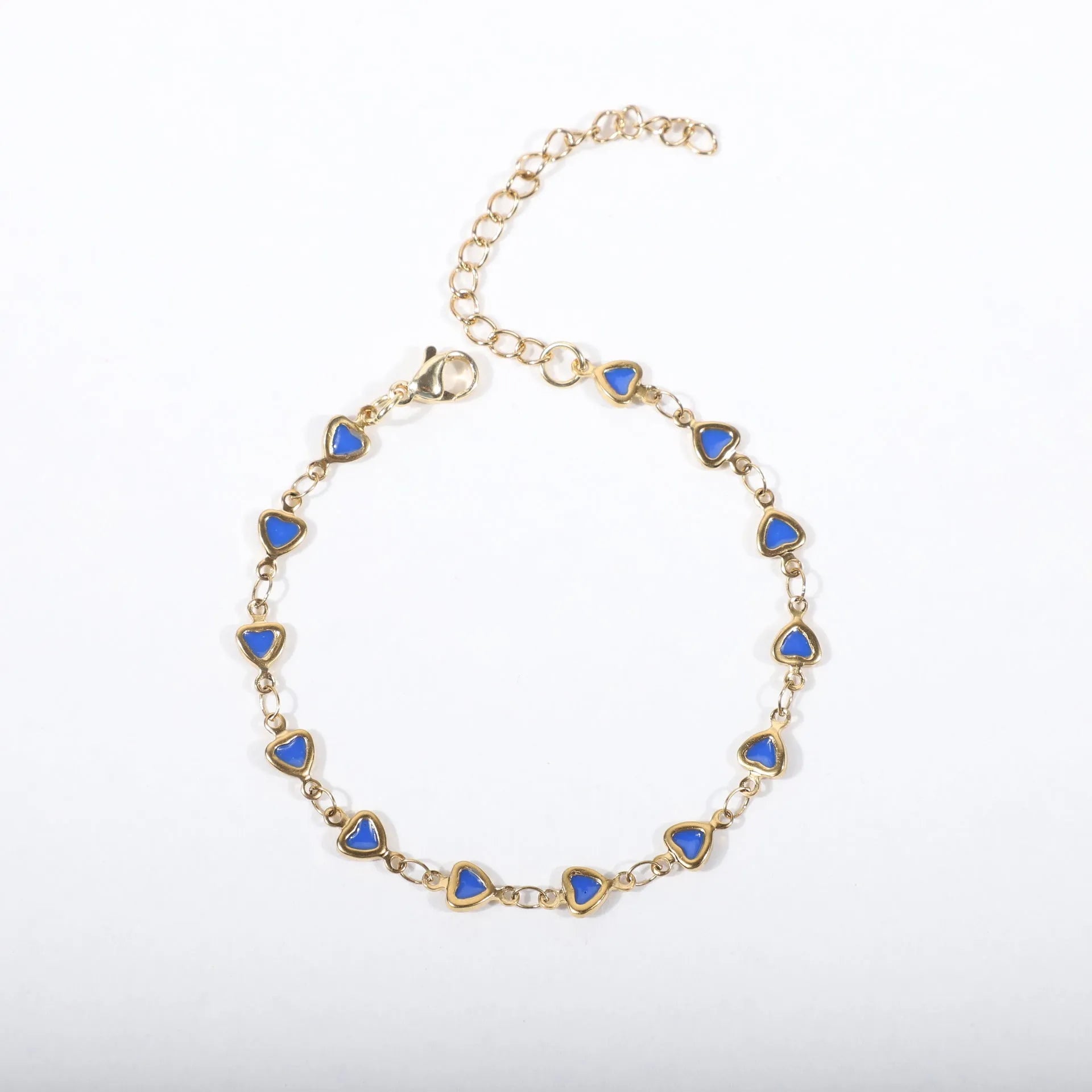 Adjustable stainless steel heart bracelet with 18K gold plating in multiple colour options showing length adjustment