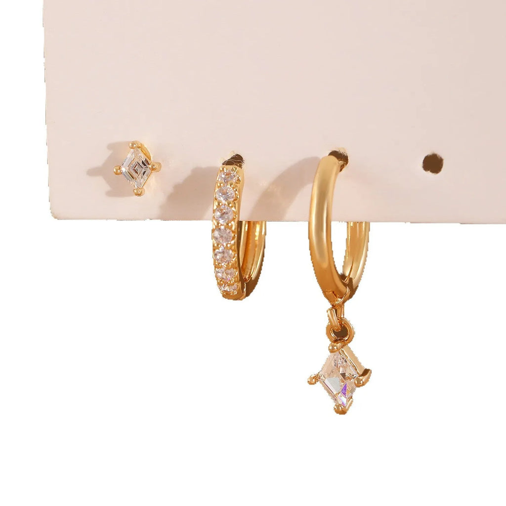 Three-piece ladies earring set with geometric zircon patterns on copper in gold and white colours
