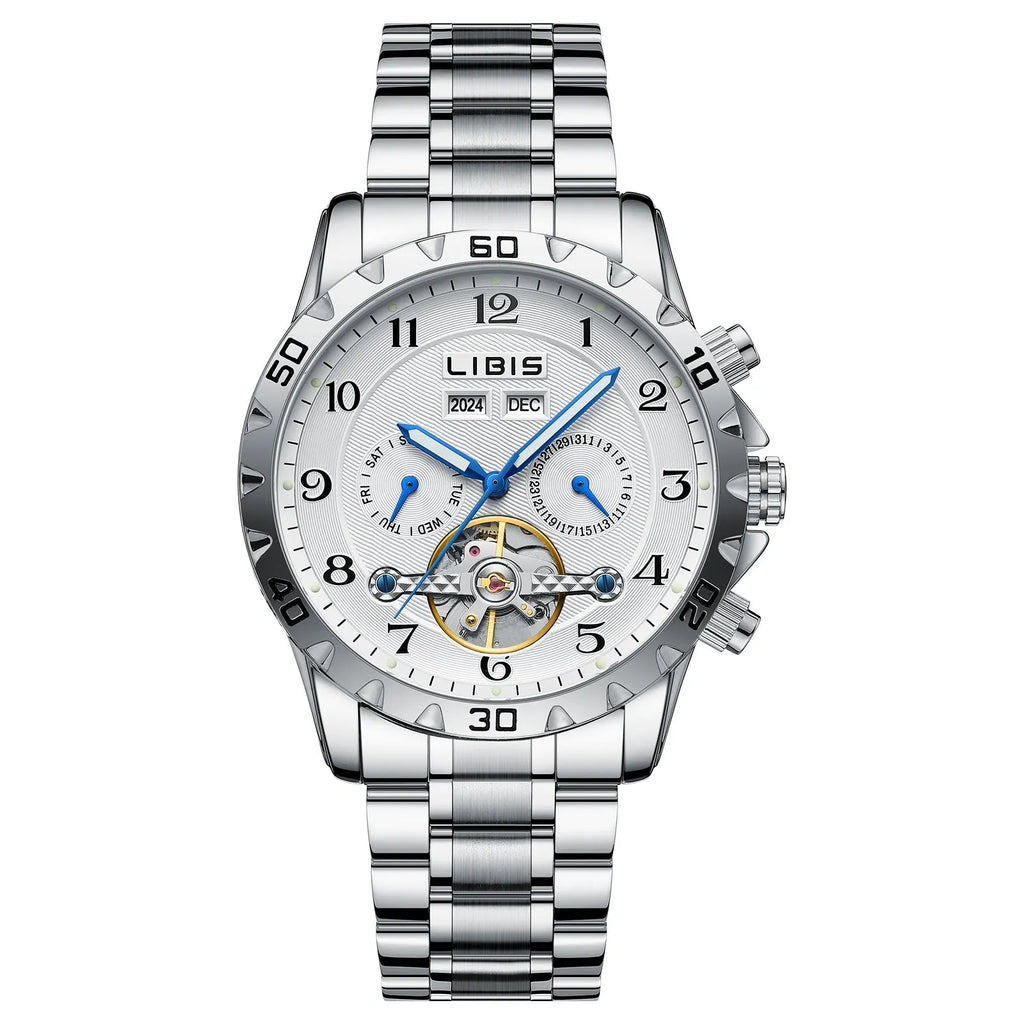 Men's silver stainless steel automatic perpetual calendar mechanical watch with sapphire crystal