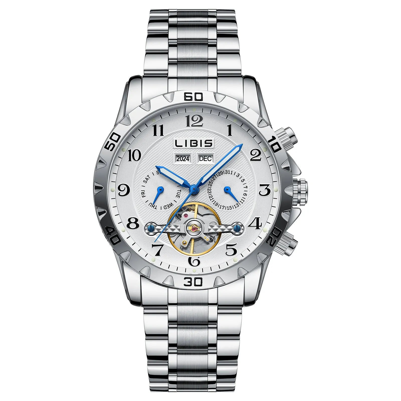 Men's silver stainless steel automatic perpetual calendar mechanical watch with sapphire crystal
