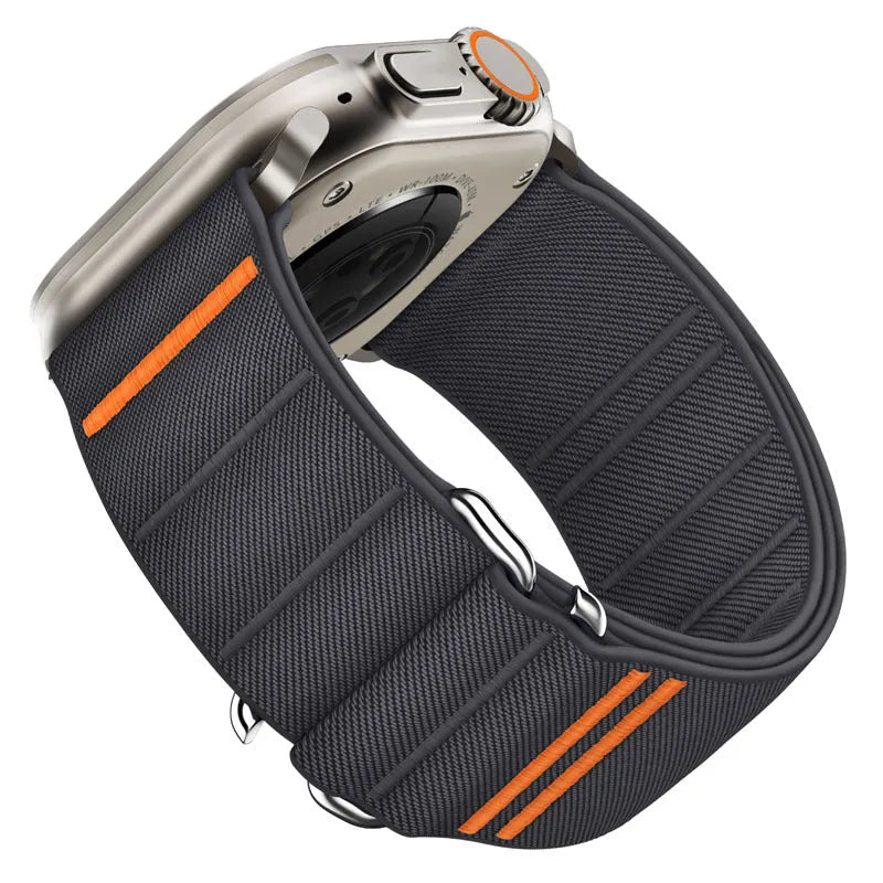 Elastic nylon Apple Watch replacement band with stainless steel buckle shown in multiple colour options.
