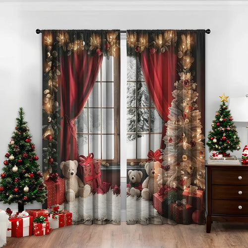 A pair of 3D digitally printed Christmas-themed curtains made from polyester fabric.