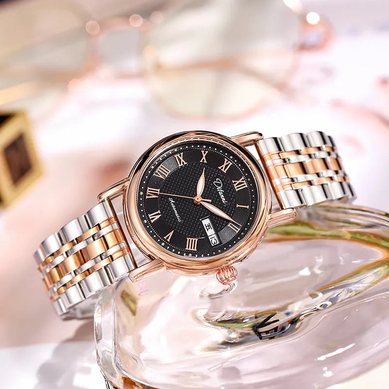 Women's automatic mechanical fashion watch with 12mm thickness showing steel bracelet and leather strap options