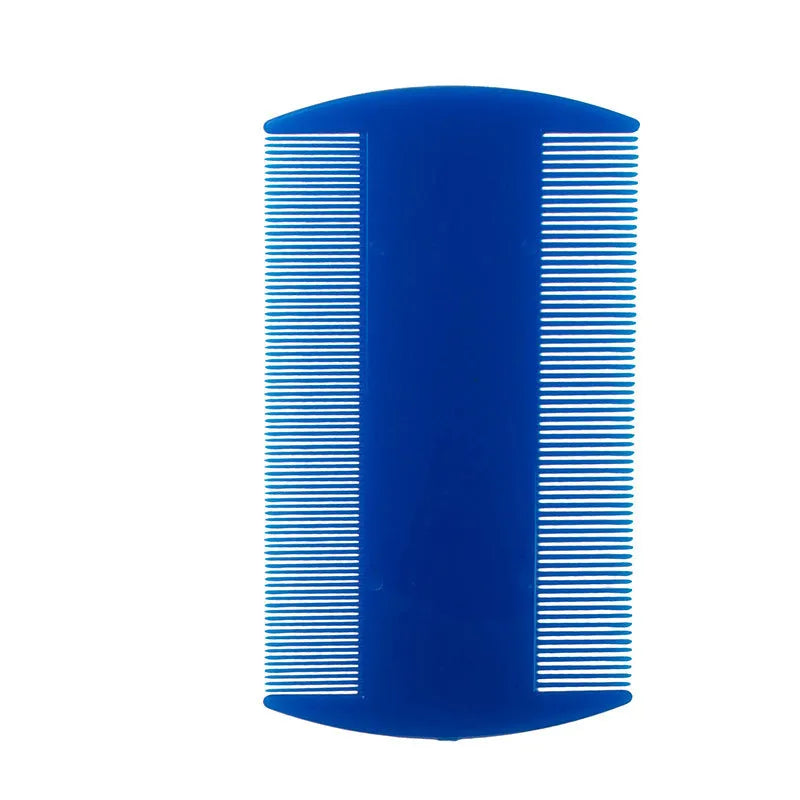 Double-edged fine-toothed plastic flea and lice comb measuring 8cm by 7.5cm