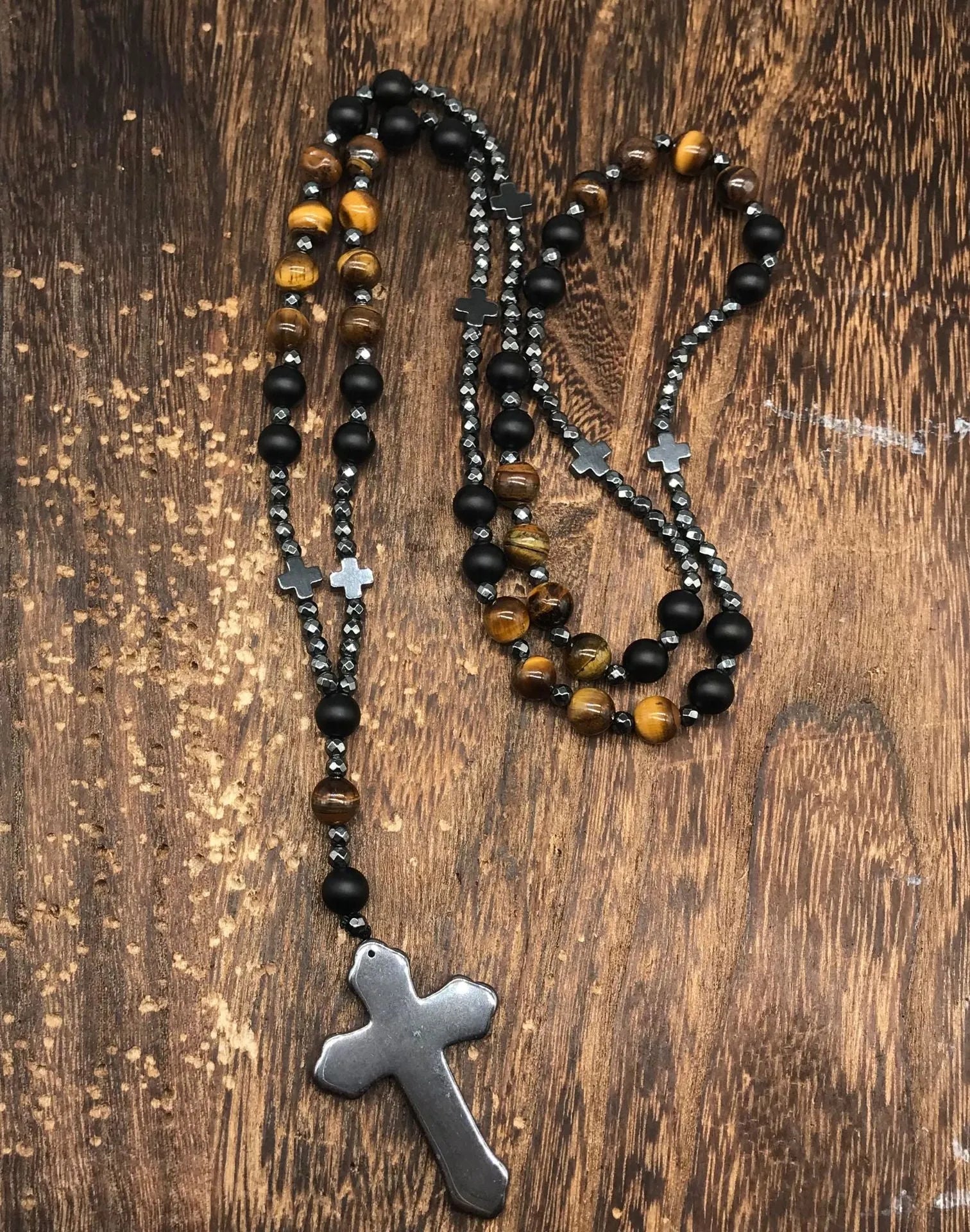 Men's stone cross pendant necklace on an 80cm ball bead chain with a safety lock.