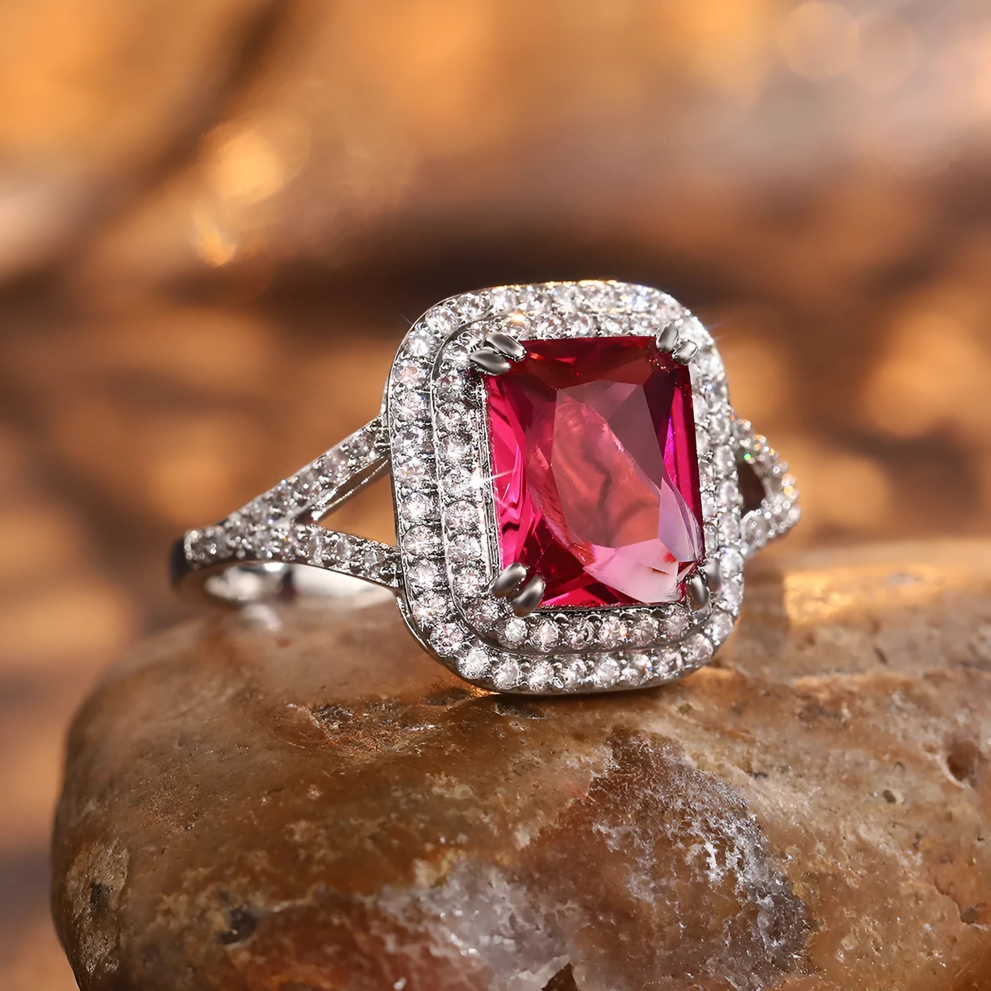 Copper women's ring with a square red rhinestone in a geometric setting.