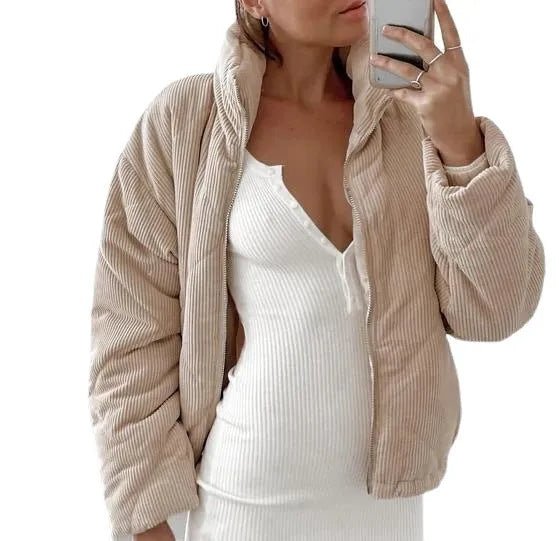 Women's apricot corduroy wadded jacket with stand collar and front zipper