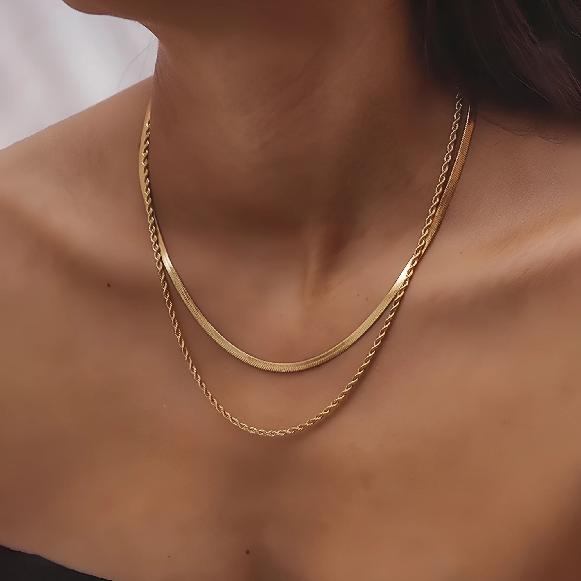 Retro geometric double-layer twist necklace with snake bones chain and adjustable length