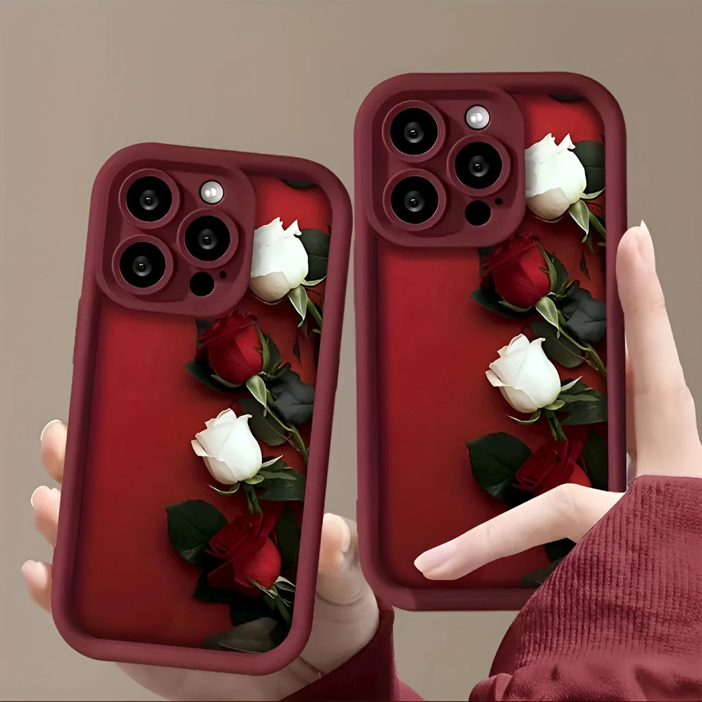 Wine red white rose printed TPU silicone phone case for Apple iPhone models