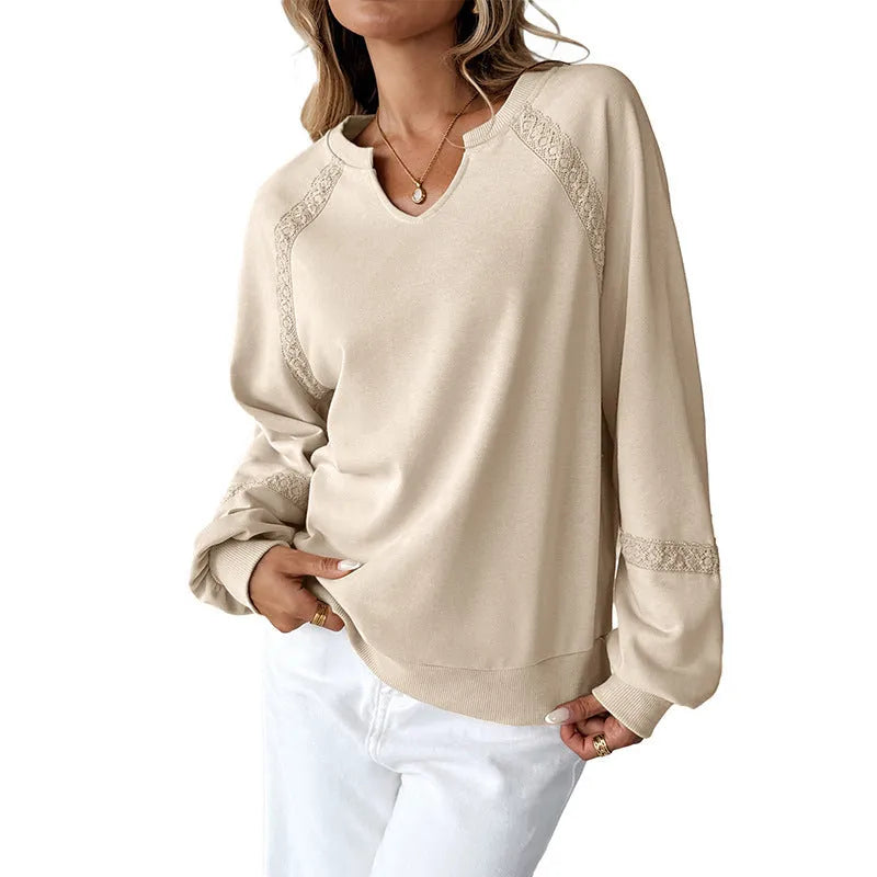 Women's half-open collar sweater with stitching lace detail in cotton-polyester fabric