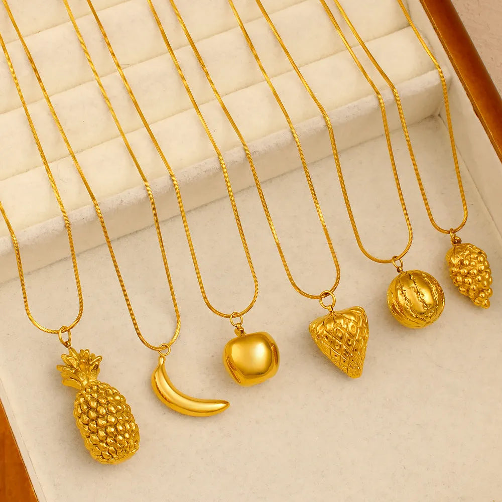 Stainless steel fruit necklace pendant with regular chain, showing fruit charm options