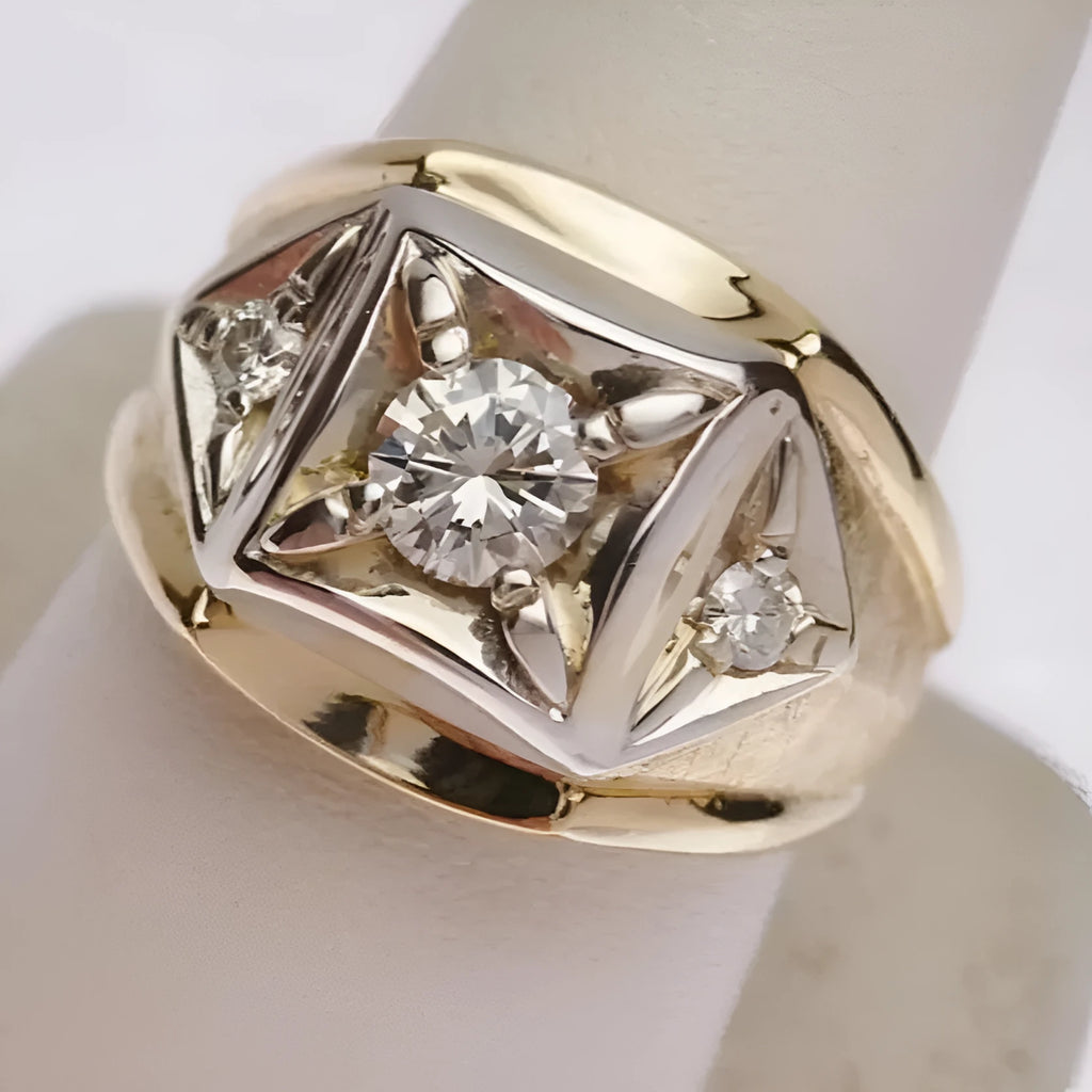 Geometric gold copper couple rings with wide face design and chamfered square pattern