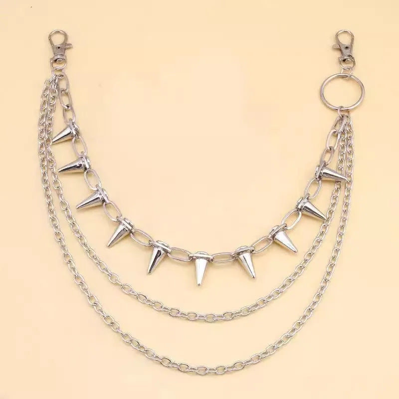 Silver double-layer metal pants chain with rivet details, shown at full 115cm length.