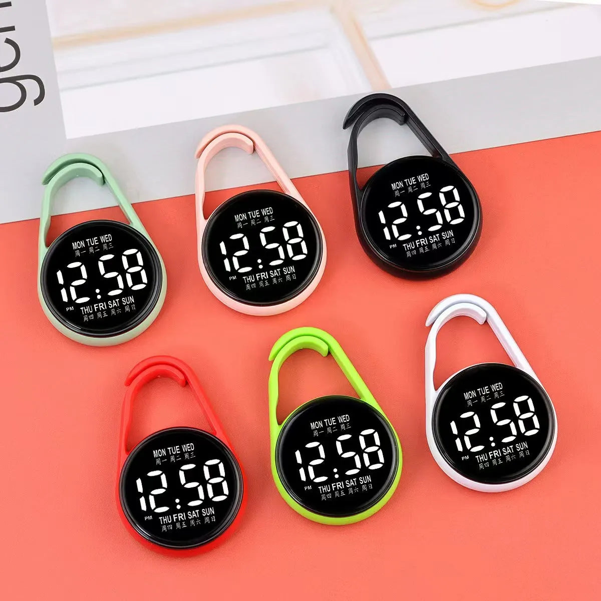 LED digital wristwatch showing time and week day on display, with plastic strap.