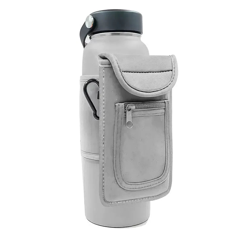 Fitness magnetic cup sleeve covering large sports water bottle with carabiner clip attachment