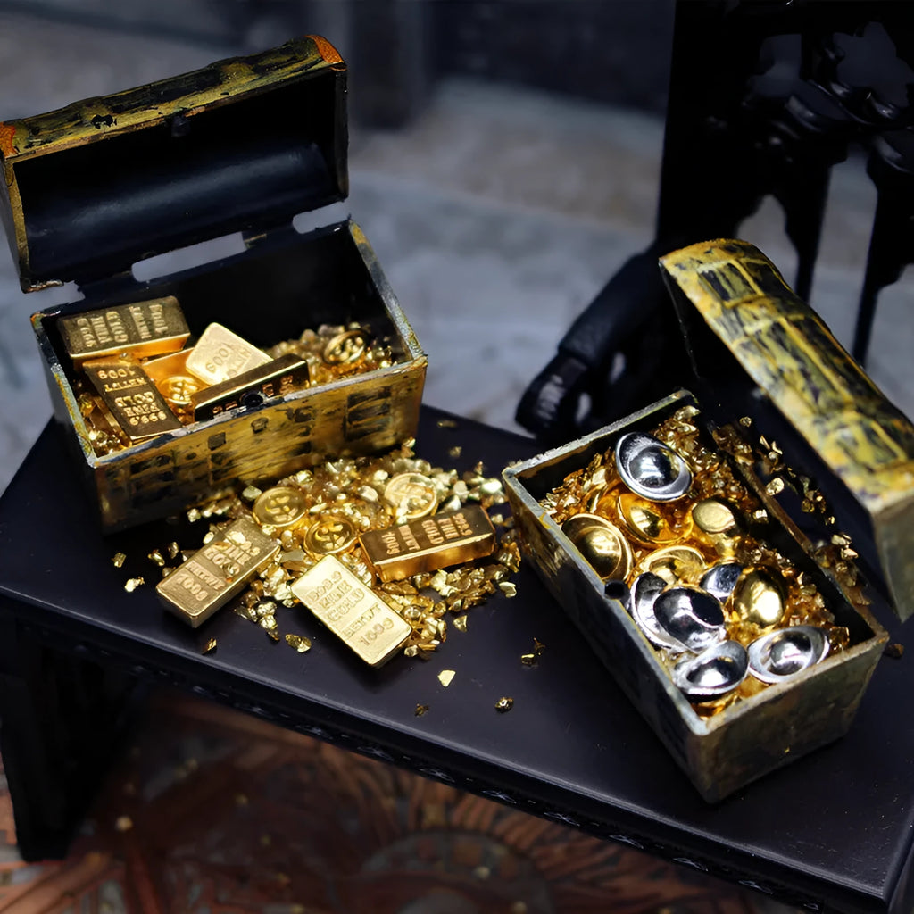 Alloy treasure box doll house accessories with gold coins and bars miniature ornaments