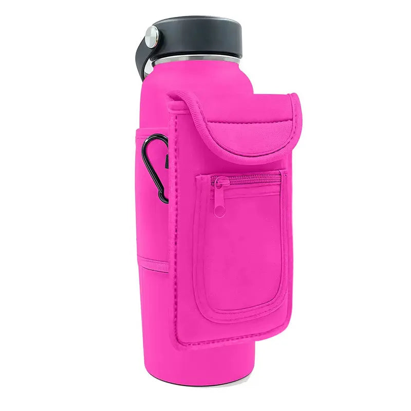 Fitness magnetic cup sleeve covering large sports water bottle with carabiner clip attachment